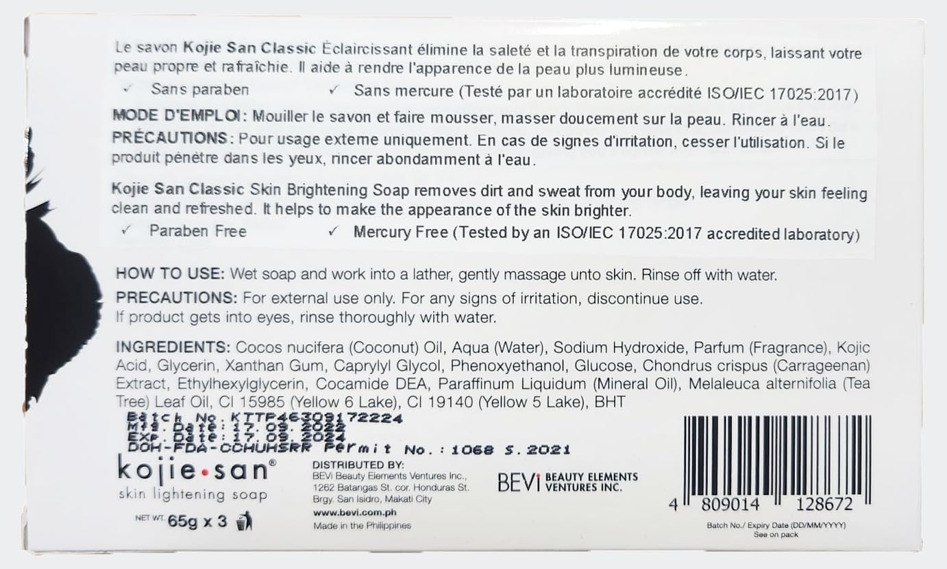 Original Kojic Acid Soap for Face & Body - Cosmetic Soap for Beautifully Fresh Skin (3 X 65g Bars)