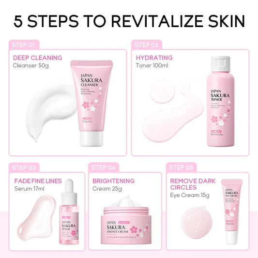 5Pcs Japan Sakura Skin Care Gift Set - Facial Cleanser Sleeping Mask Fade Dark Circles Eye Cream Korean