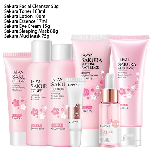7Pcs Facial Products Kit Sakura Skin Care Set Facial Cleanser Sleeping Mask Fade Dark Circles Eye Cream Korean Skincare Products