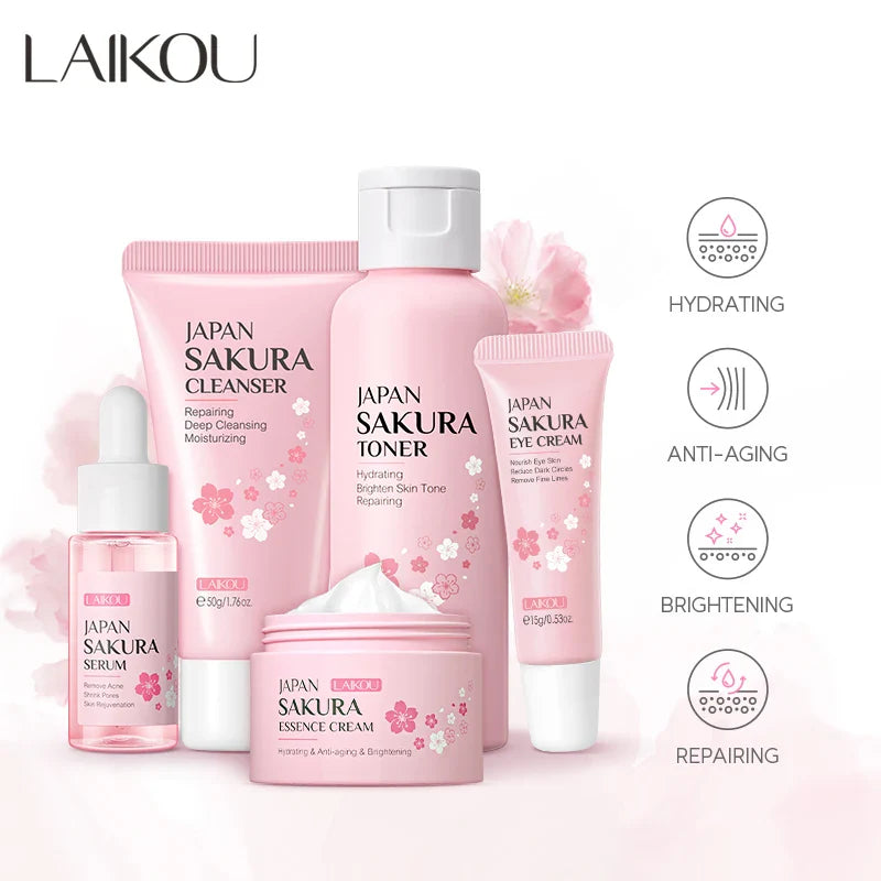 5Pcs Japan Sakura Skin Care Gift Set - Facial Cleanser Sleeping Mask Fade Dark Circles Eye Cream Korean