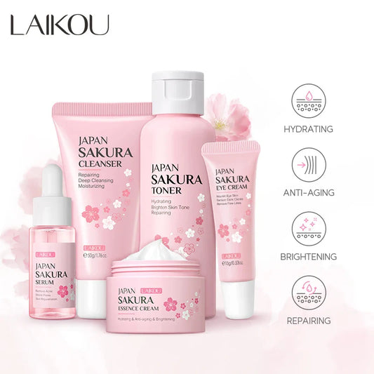 5Pcs Japan Sakura Skin Care Gift Set - Facial Cleanser Sleeping Mask Fade Dark Circles Eye Cream Korean