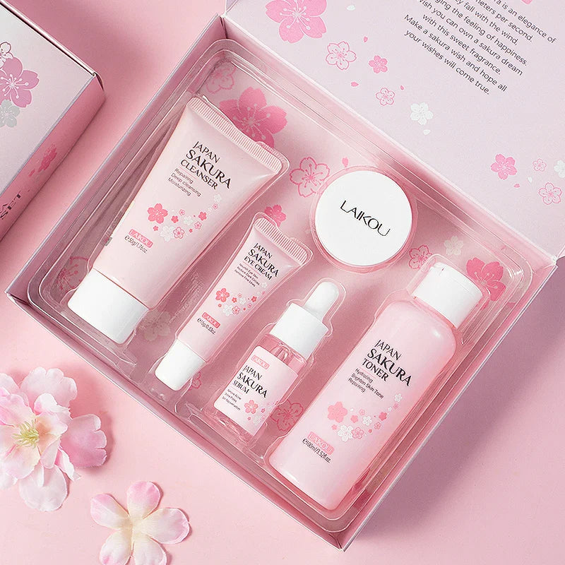 5Pcs Japan Sakura Skin Care Gift Set - Facial Cleanser Sleeping Mask Fade Dark Circles Eye Cream Korean