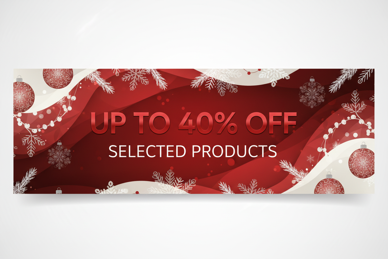 CREATE A PICTURE USING 1 PHOTO IN 6 TO 8 BRANDS WITH A NICE BACKGROUND FOR THE HOLIDAYS (COLOR RED & WHITE), ADD IN THE MIDDLE "UP TO 40% OFF" IN BIG SIZE & "SELECTED PRODUCTS" 